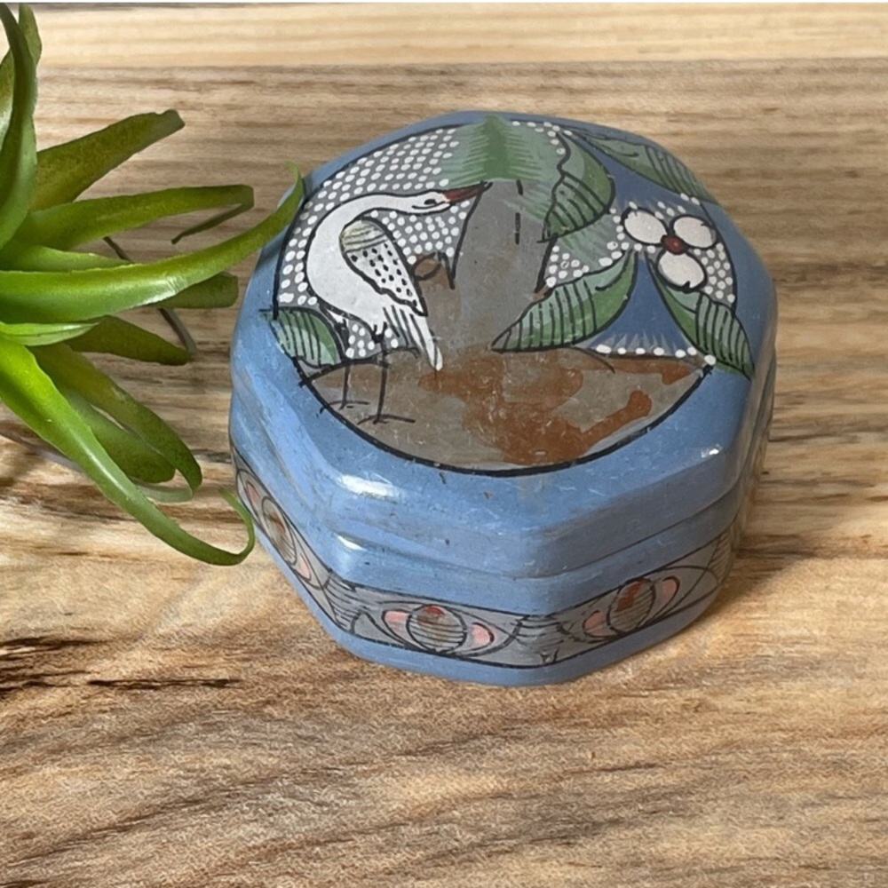 Rare Blue Vintage Mexican Tonalá Pottery Trinket Box + White Egret, Crane, Swan